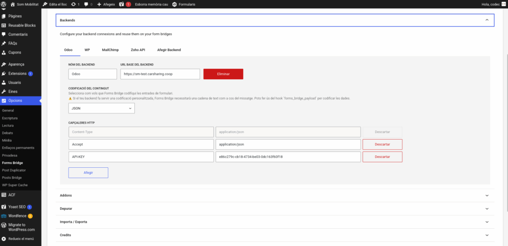 Backend settings panel