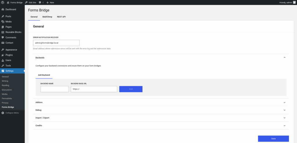Settings page without backend configurations