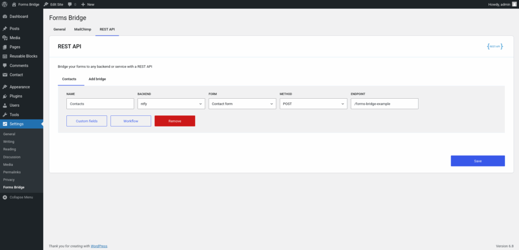 A bridge configured to connect the contact form with ntfy over the endpoint /forms-bridge-example using the POST method