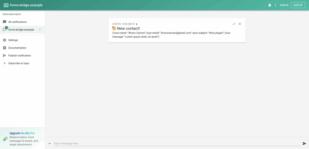 A screenshot of the ntfy received notification
