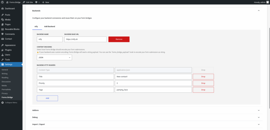 ntfy backend connection configured with json as the encoding schema and title, priority and tags custom headers
