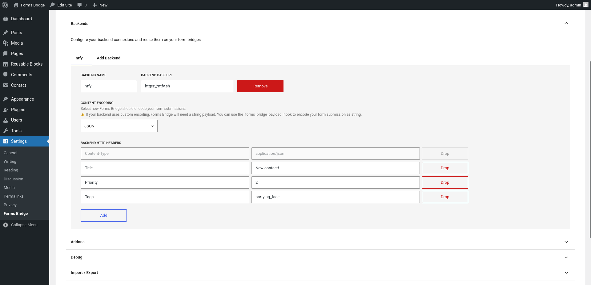 ntfy backend connection configured with json as the encoding schema and title, priority and tags custom headers