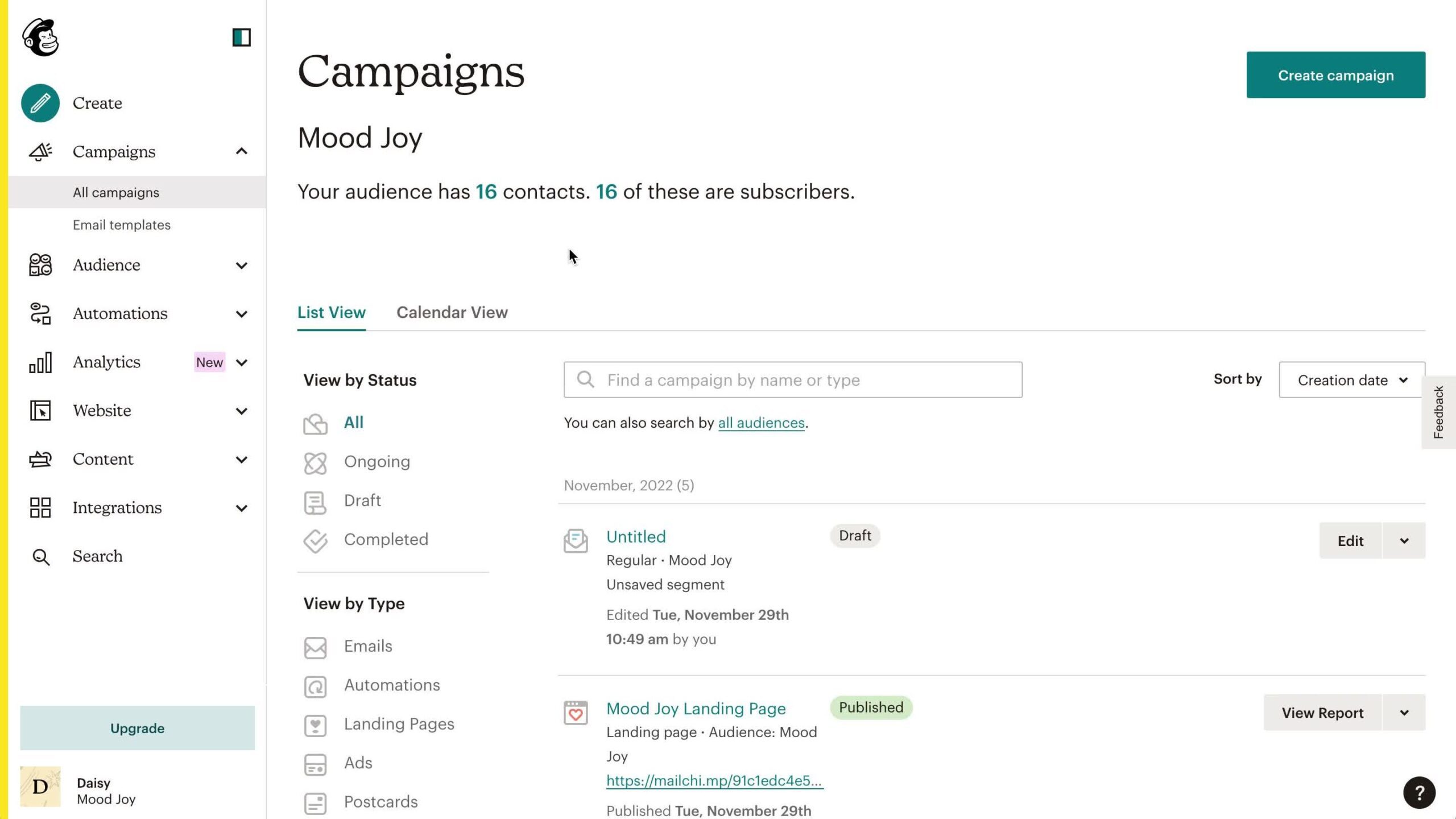 Mailchimp campaigns dashboard UI