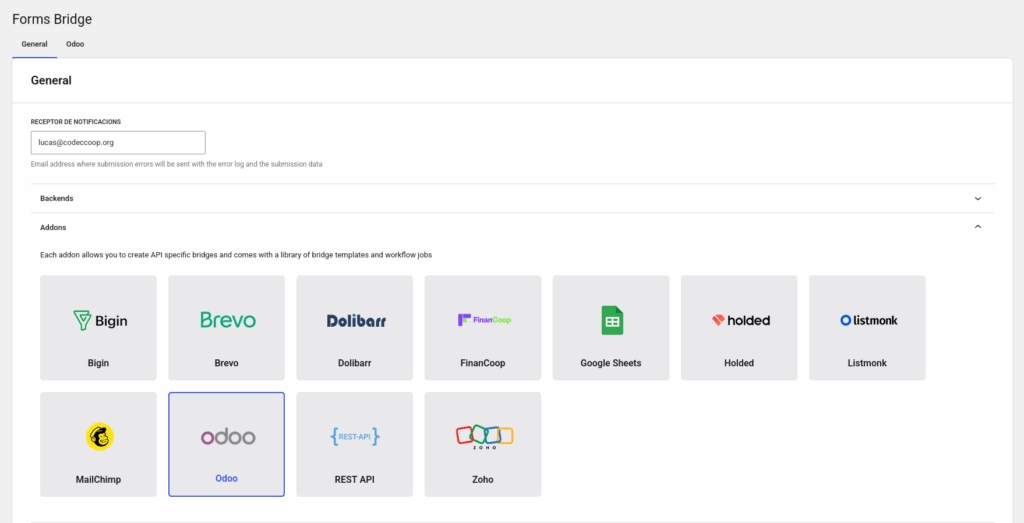 Forms Bridge settings page with Odoo addon enabled