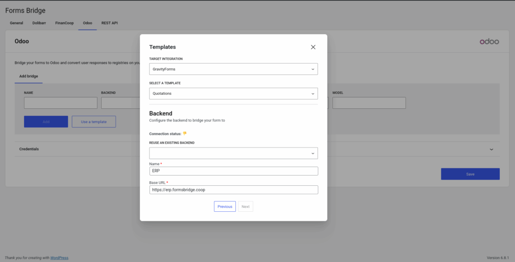 Backend step of the template wizard