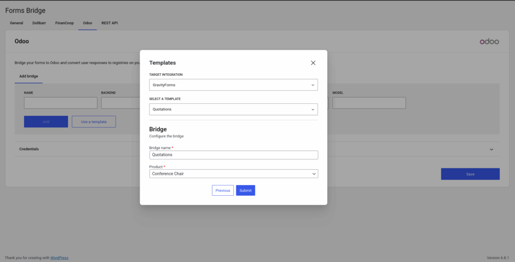 Bridge step of the template wizard