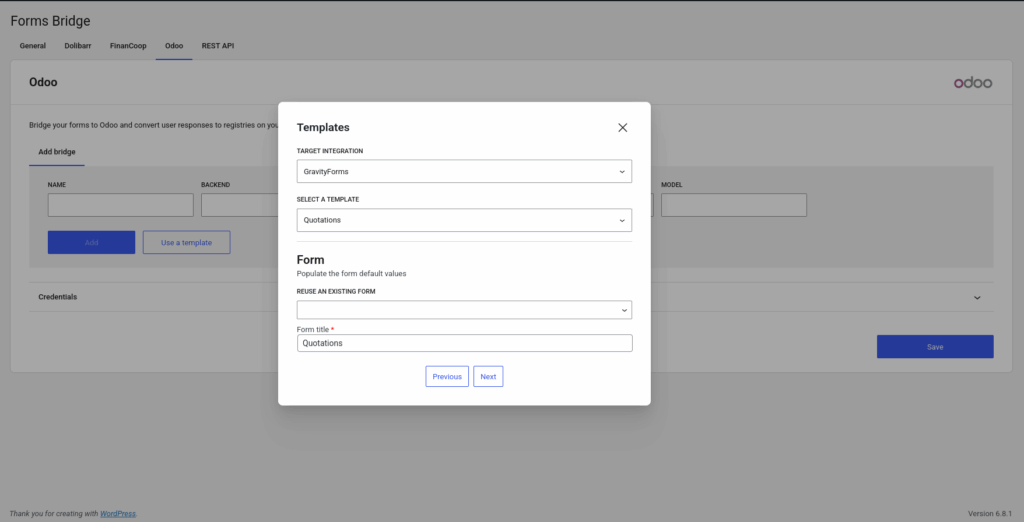 Form step of the template wizard