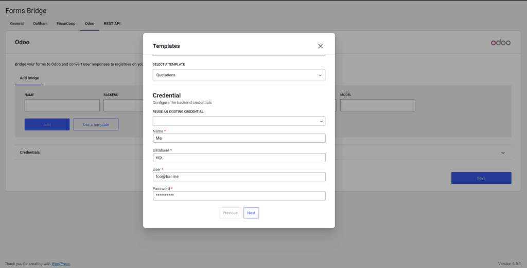 Credential step of the template wizard