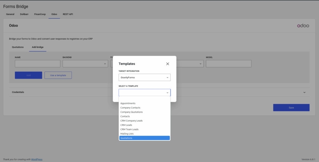 Template wizard from the Odoo addon with the templates dropdown expanded