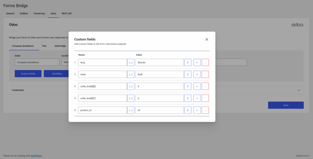 Custom fields panel