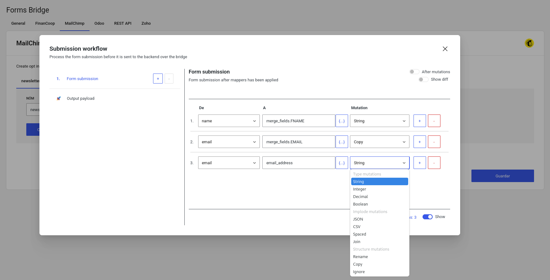 Mutation layers table of the form submission job of a workflow. Mutation dropdown is expanded showing all available mutations for a layer.