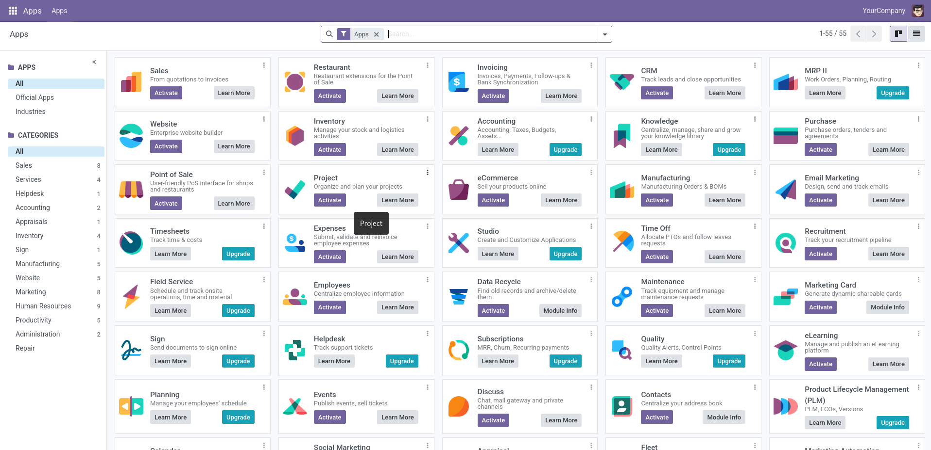 Odoo's apps panel