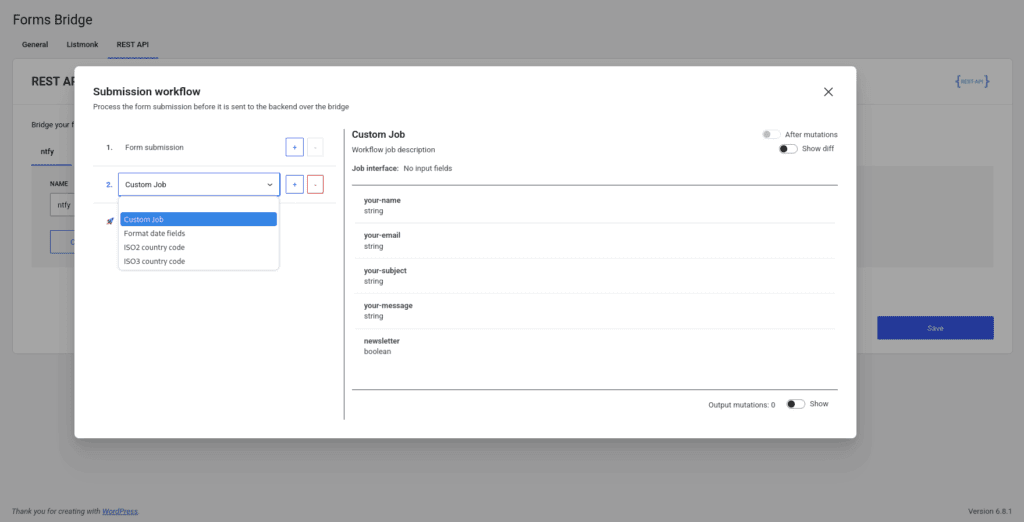 Workflow panel with the new Custom Job visible as an option on the jobs selector