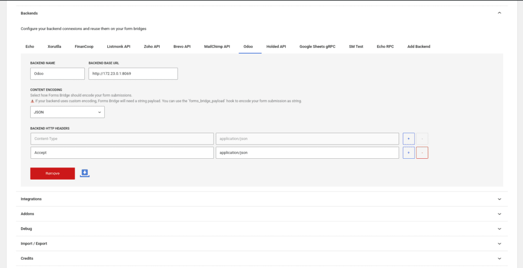 Backend settings screenshot