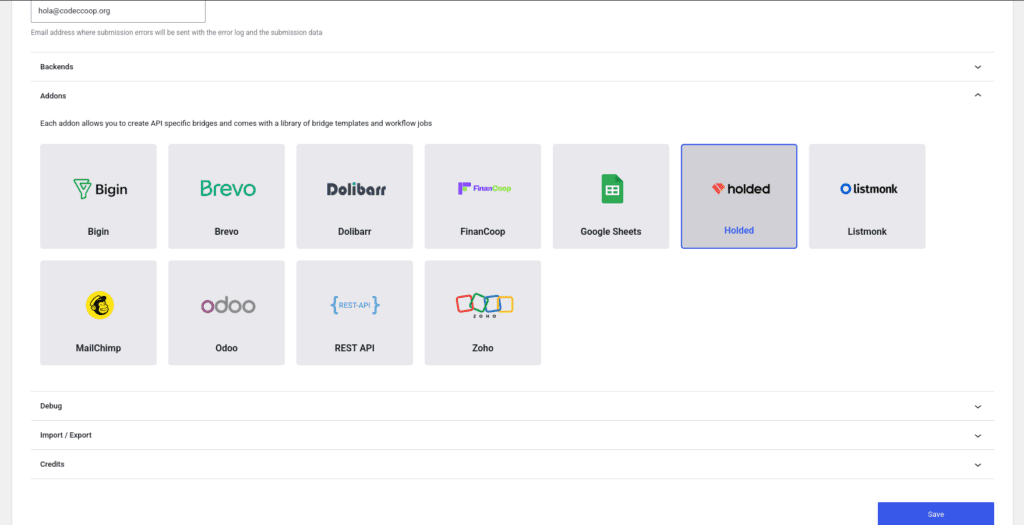 Forms Bridge settings page with Holded addon enabled
