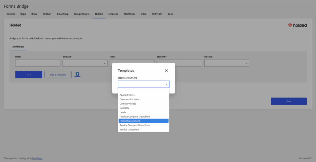 Template wizard from the Holded addon with the templates dropdown expanded