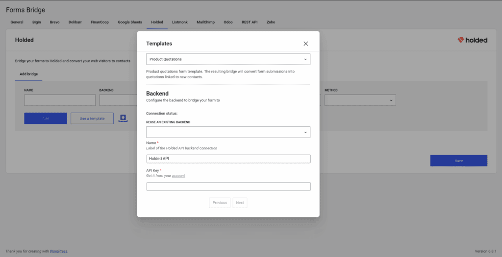 Backend step of the template wizard