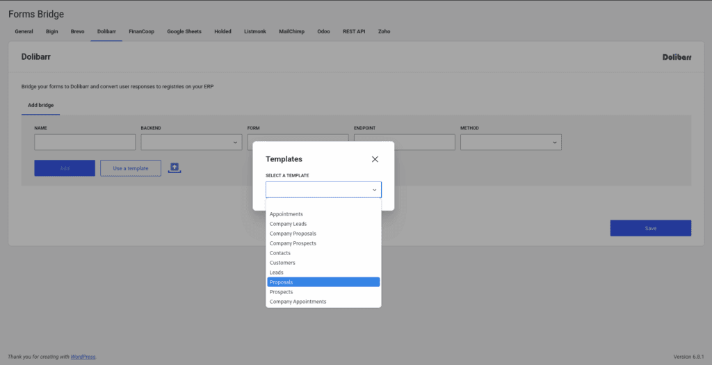 Template wizard from the Dolibarr addon with the templates dropdown expanded
