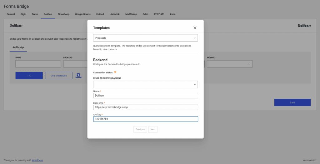 Backend step of the template wizard
