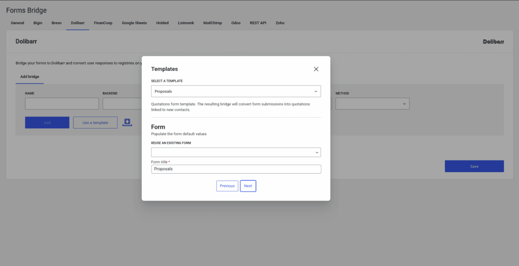 Form step of the template wizard