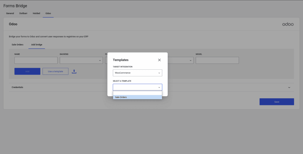 Template wizard from the Dolibarr addon with the templates dropdown expanded with available templates for WooCommerce integration