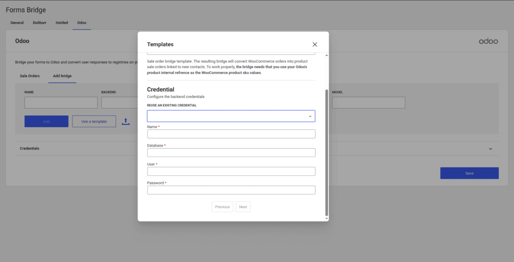 Credential step of the template wizard. The form has four fields: name, database, user and password.