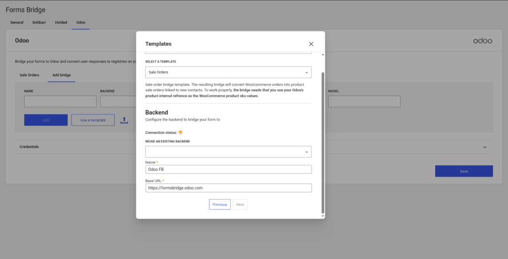 Backend step of the template wizard