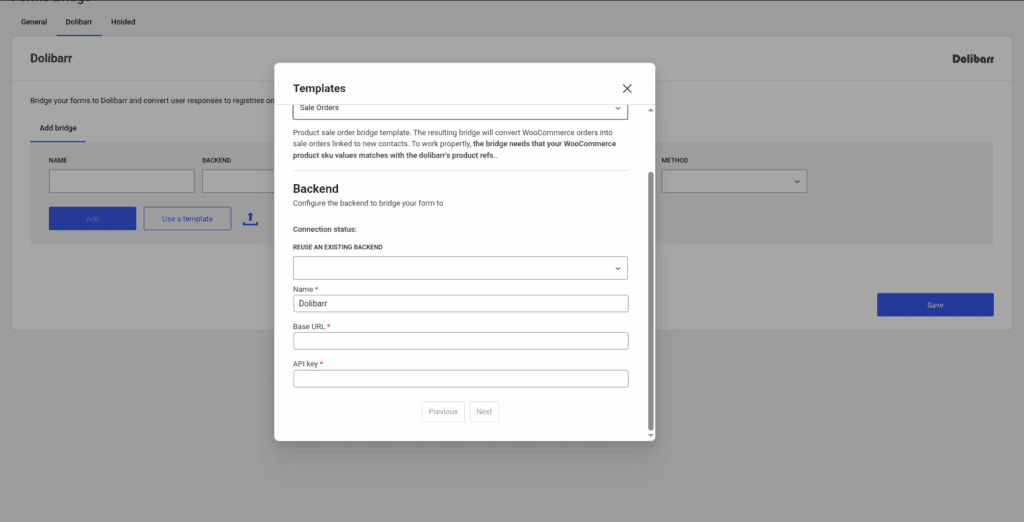Backend step of the template wizard
