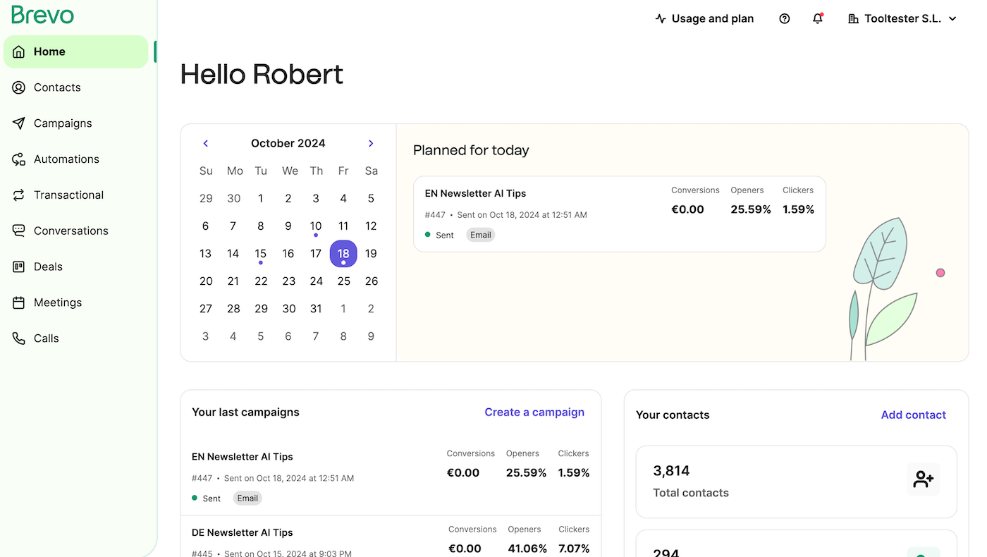 Brevo dashboard home page