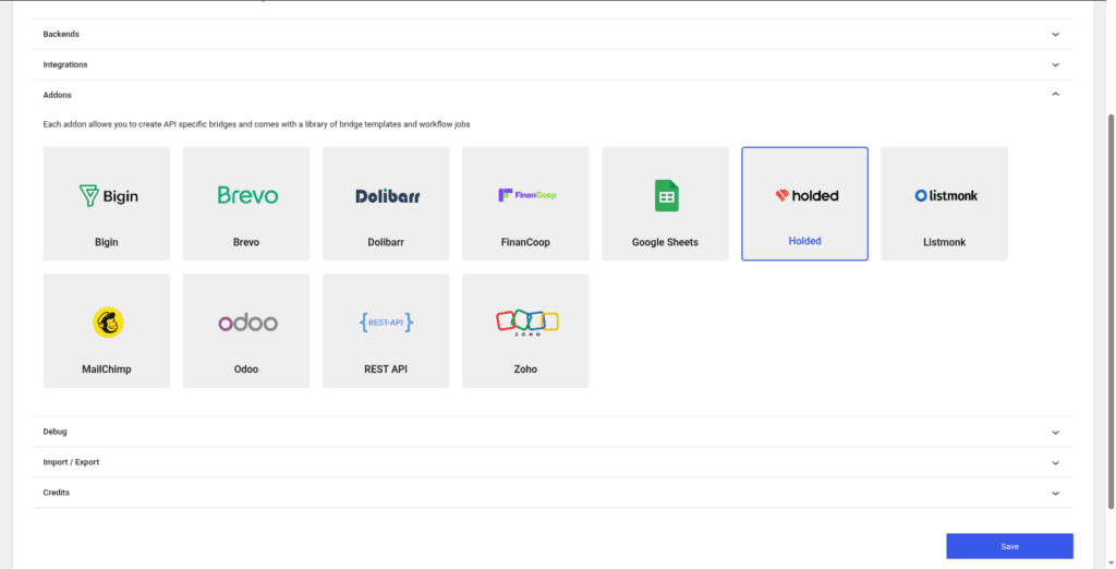 Forms Bridge settings page with Holded addon enabled