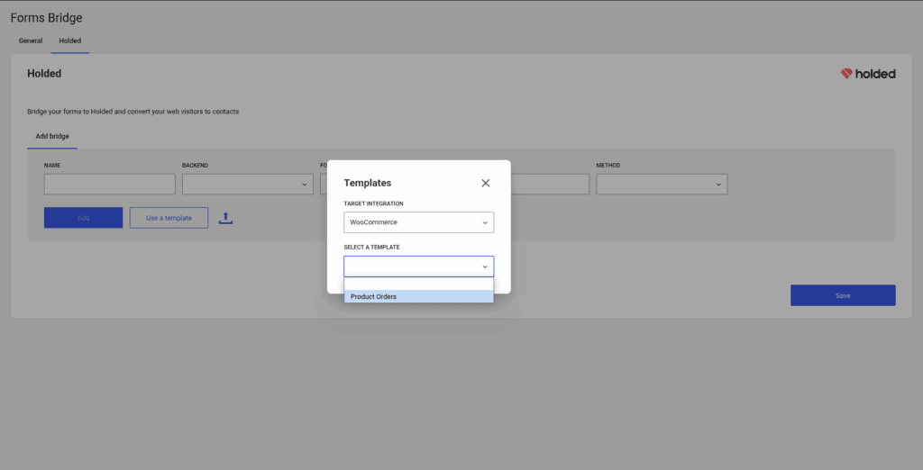 Template wizard from the Holded addon with the templates dropdown expanded with available templates for WooCommerce integration