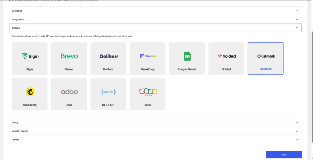 Forms Bridge settings page with Listmonk addon enabled
