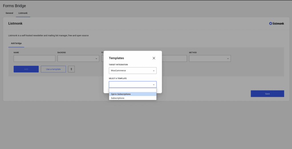 Template wizard from the Listmonk addon with the templates dropdown expanded with available templates for WooCommerce integration