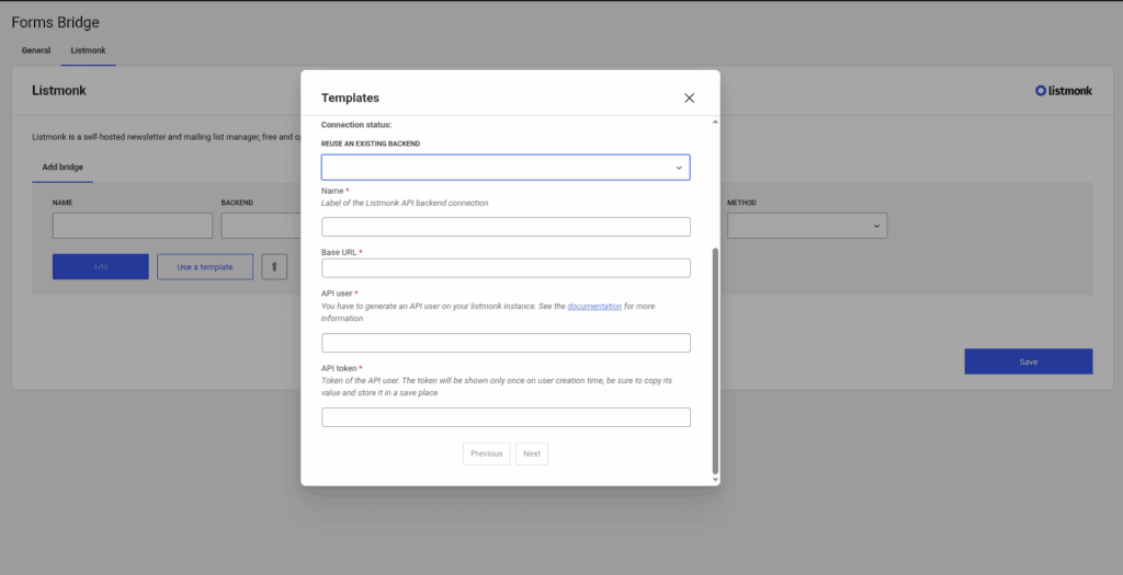 Backend step of the template wizard