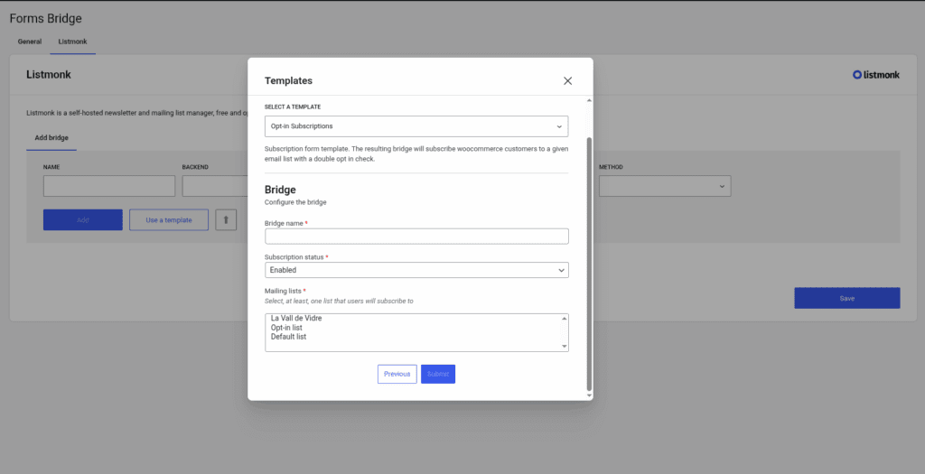 Bridge step of the template wizard