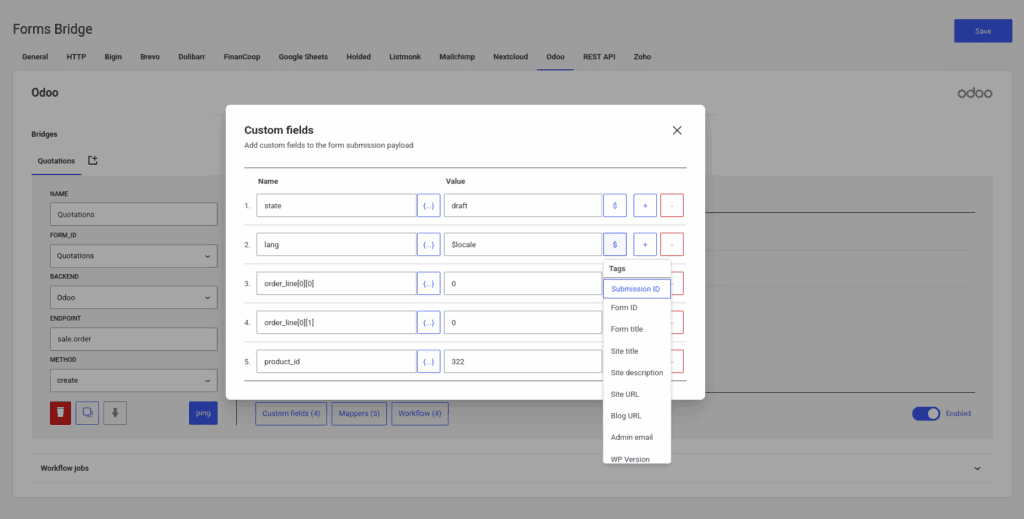 Custom fields panel screenshot with 5 fields and the meta tag selector expanded