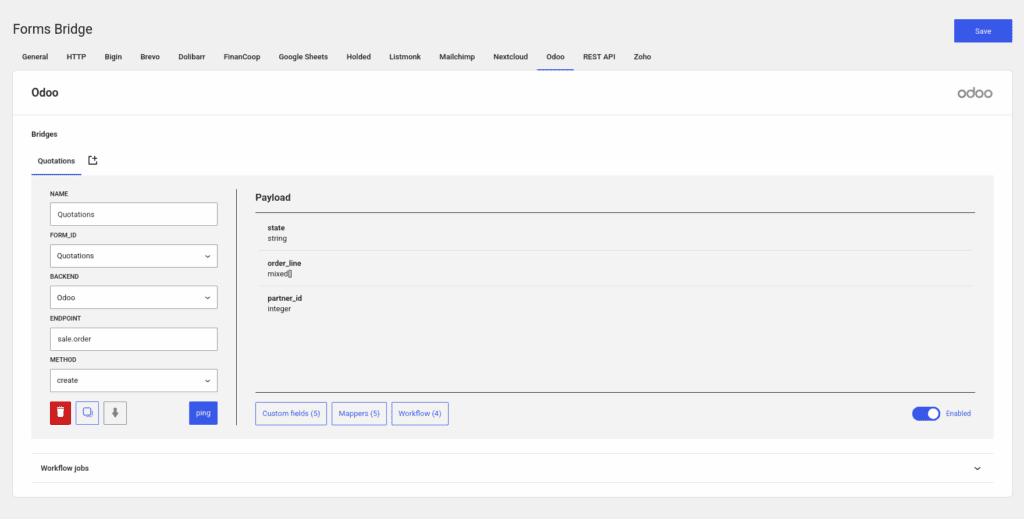 Bridge settings screenshot with a bridge that connects a quotation form with an Odoo backend.
