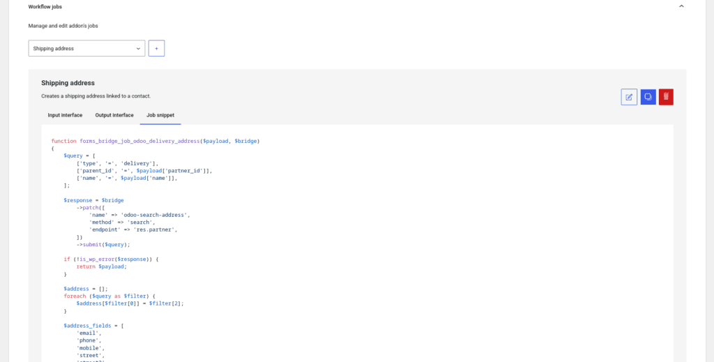 Jobs editor screenshot with the Odoo's shipping address job snippet on the screen