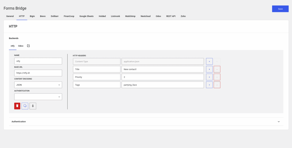 Backend settings screenshot with two registered backends, ntfy and Odoo