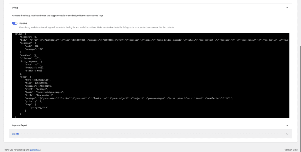 Debug console screenshot