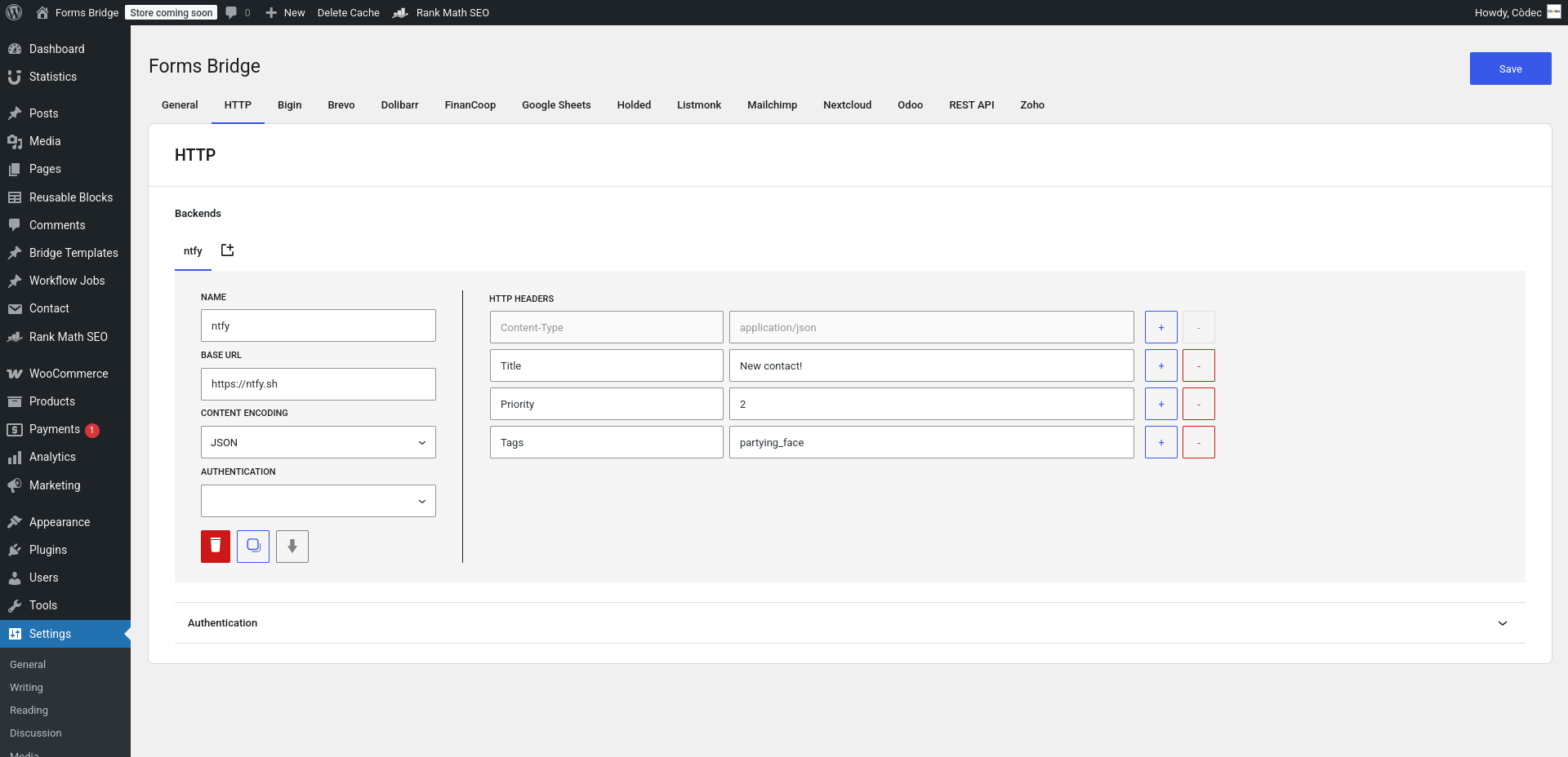 ntfy backend connection configured with json as the encoding schema and title, priority and tags custom headers