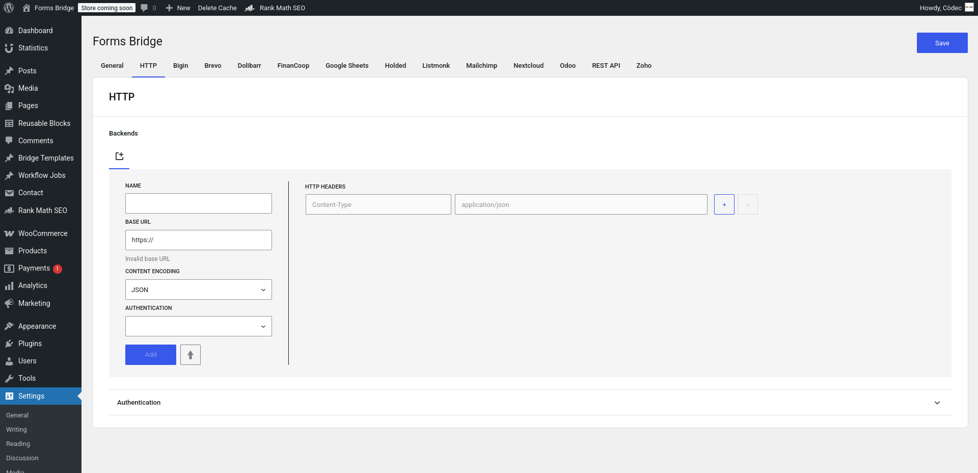 New backend registration form on the HTTP settings ta