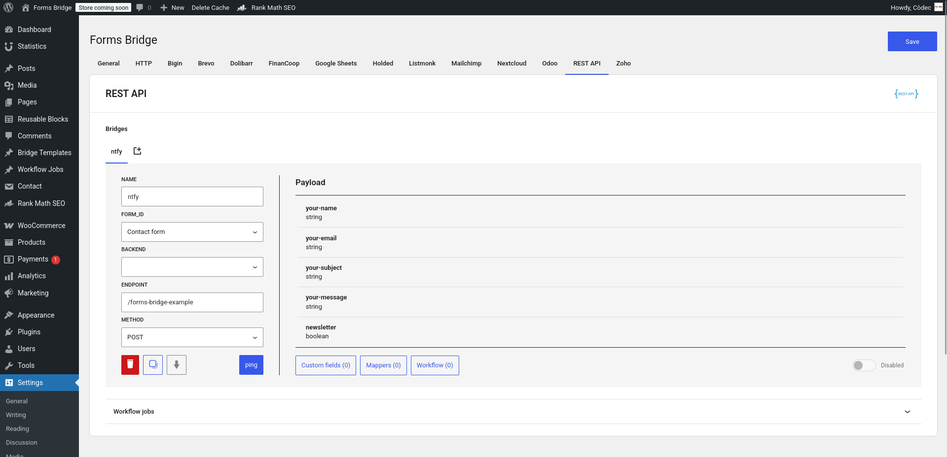 A bridge configured to connect the contact form with ntfy over the endpoint /forms-bridge-example using the POST method