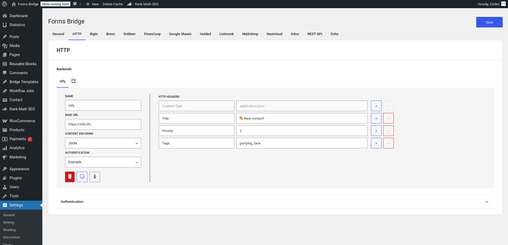 Backends panel with the ntfy backend connection setting visible
