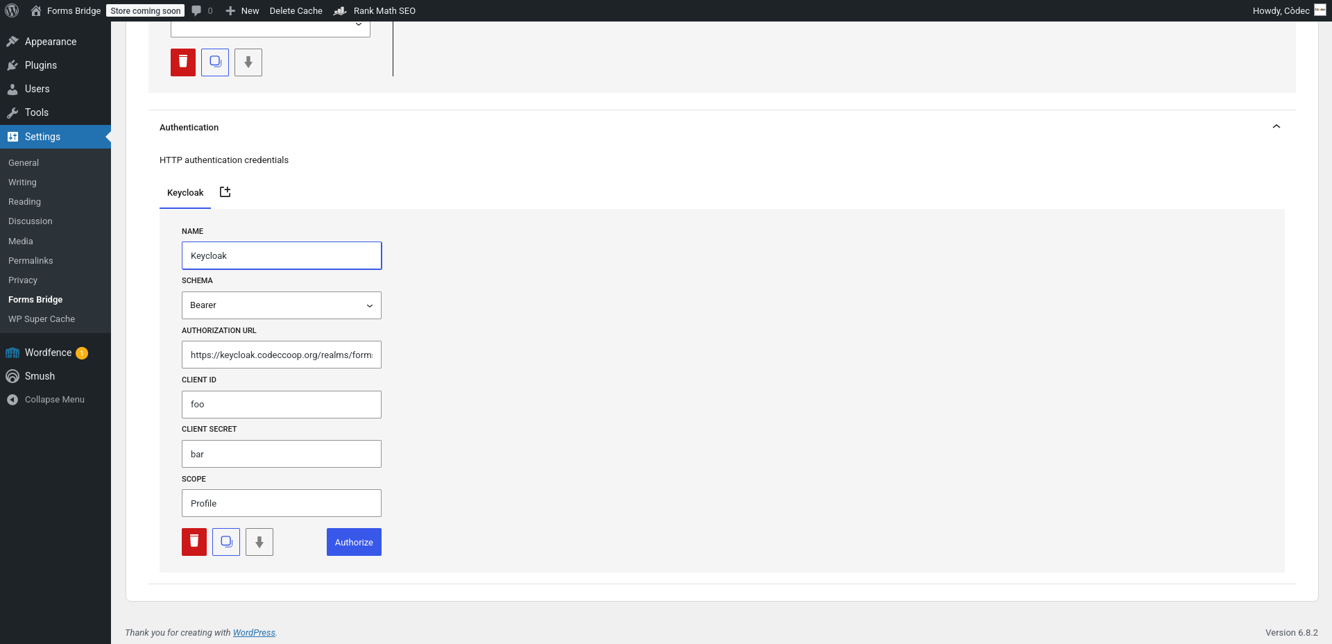 Authentication credentials panel with an example of a Bearer credential with keycloak as the authorization server