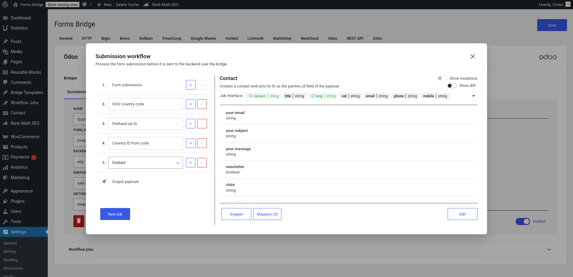 Workflow panel example with the workflow of the Quotations template from the Odoo addon.