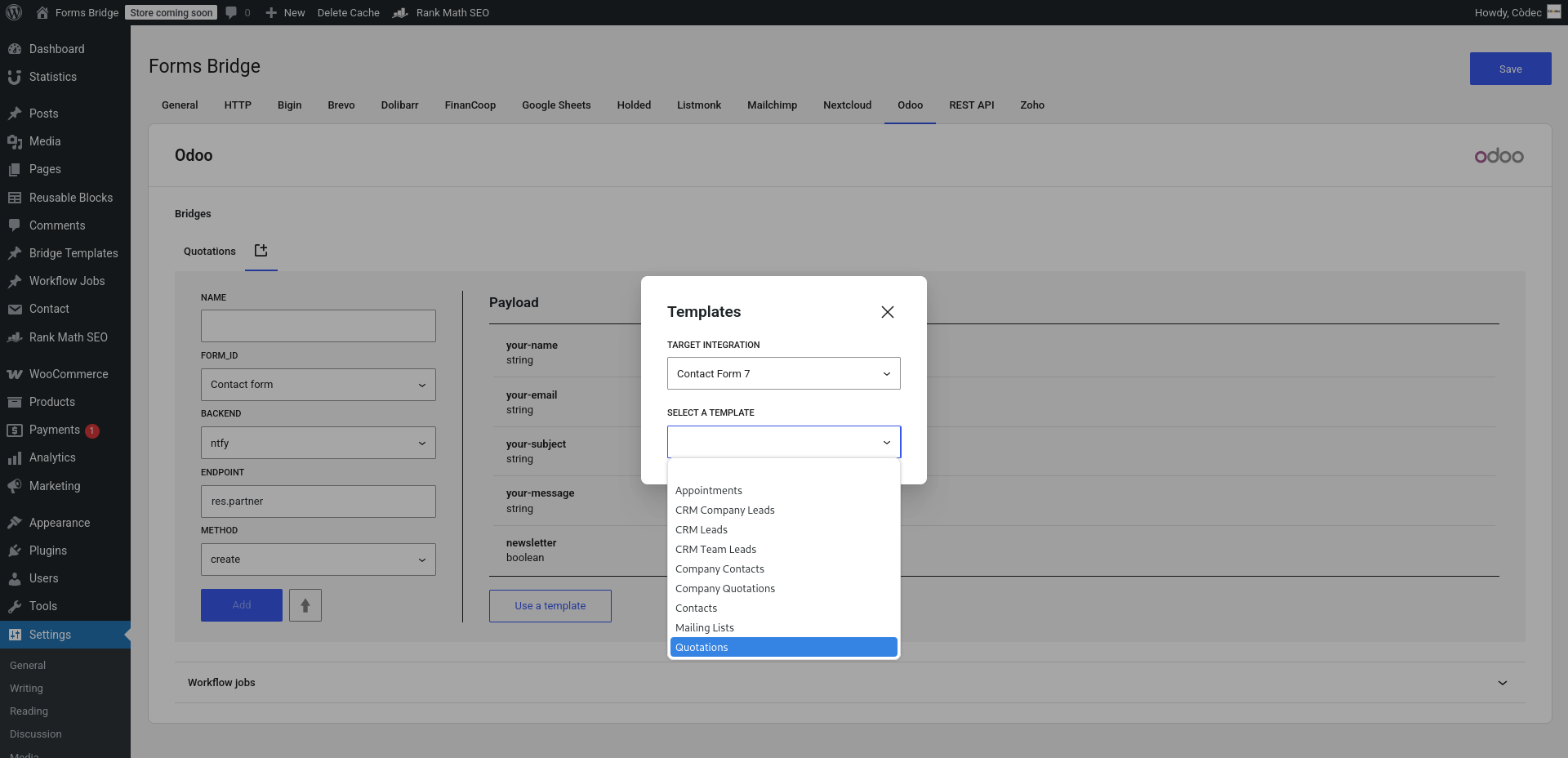 Templates wizard with the templates selector expanded for the Odoo adodn