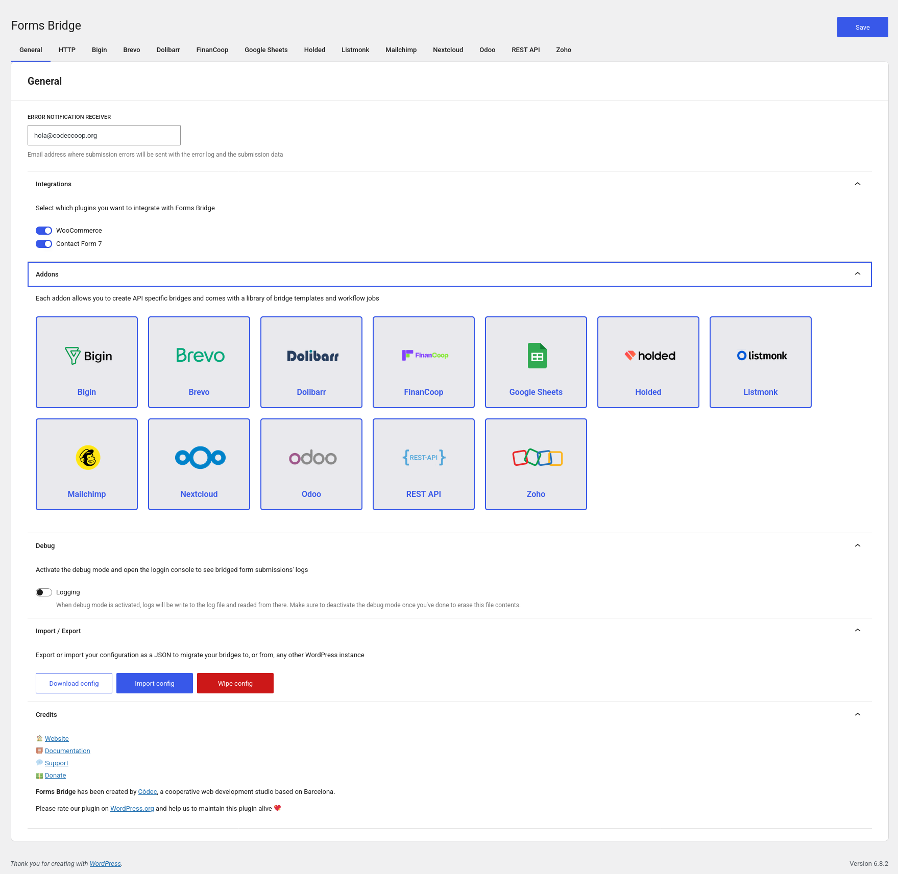 General settings tab content with integrations, addons, debug, import /export and credeit panels visibles