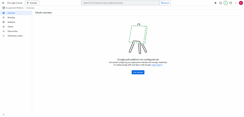 Screenshot of the OAuth consent screen overview page at its first step with the Get started button. 