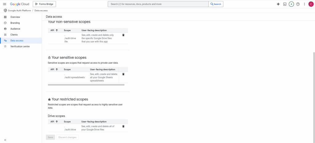 Screenshot of the data access page of the OAuth consent screen with an example of required scopes setup needed to bridge forms with the Google Sheets addon.